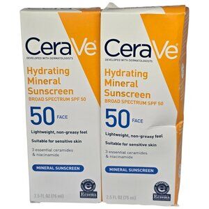 CeraVe Hydrating Mineral Sunscreen SPF 50 For Face 2.5 Fl Oz Broad Spectrum Ligh